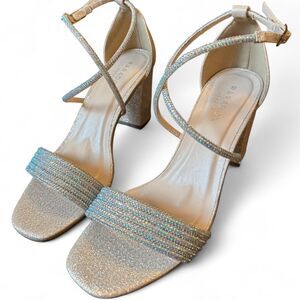 Paradox London Mackenzie Crystal Strap Block Heel Sandals Silver Formal Wedding